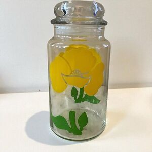 Anchor Hocking Apothecary Coffee Jar Yellow Buttercup Glass Bubble Lid Vintage